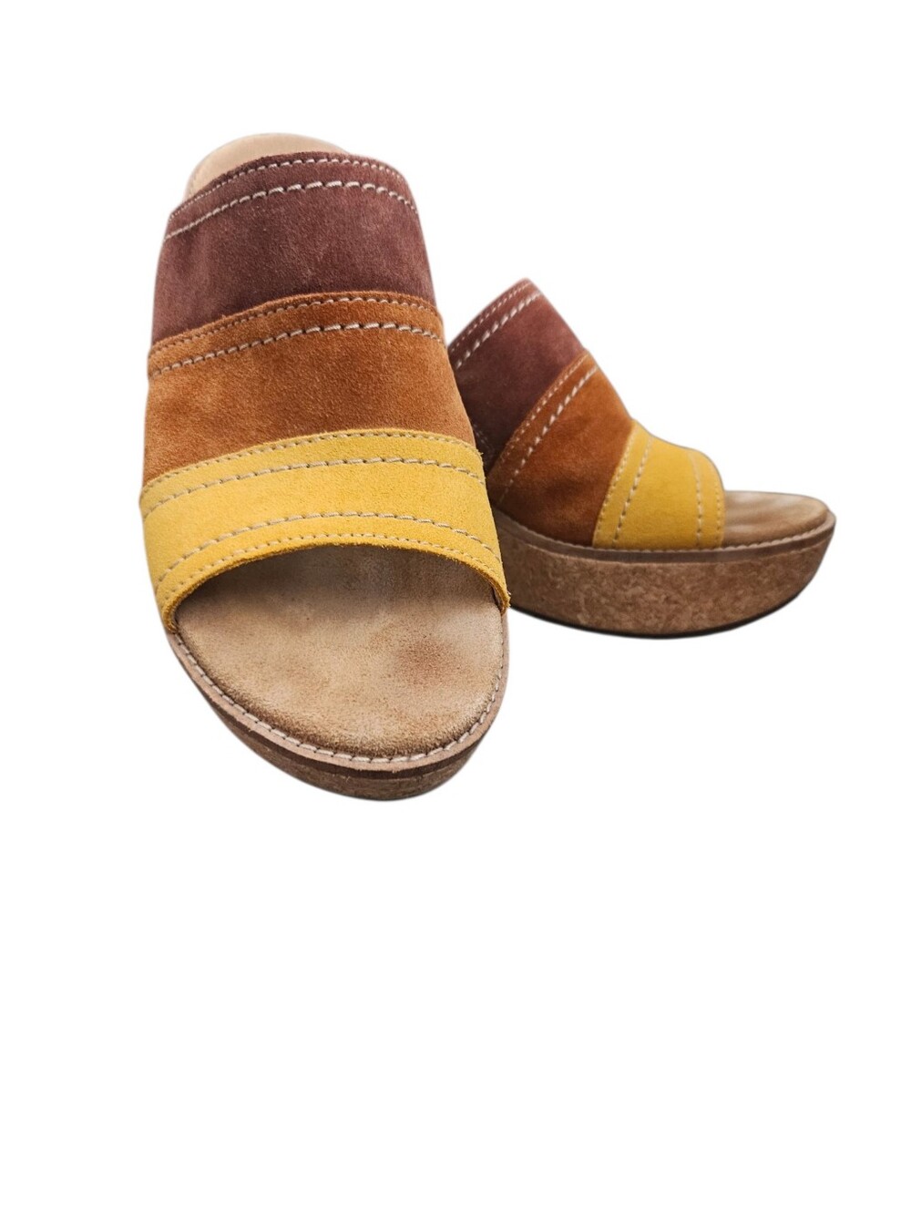 Clark's Aisley Lily Suede Cork Wedge Sandal Sz 8.5 Tricolor Boho Yellow Orange